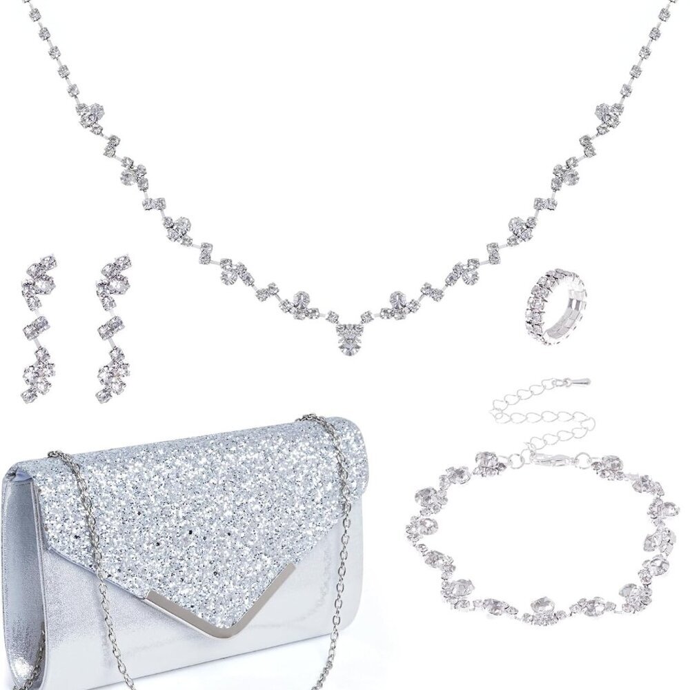 5 Pcs Women Purse Rhinestone Wedding Jewelry Set Crystal Bridal Necklace Bracele